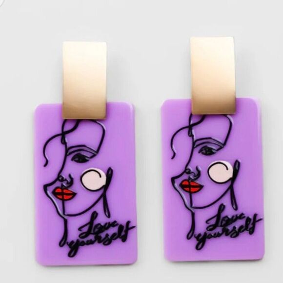 New Womens Boho Korean Designed Oil Painted Love Yourself Acrylic Post Earring - Picture 1 of 5
